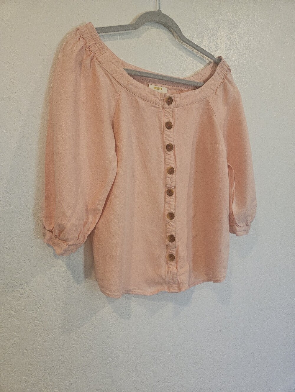 Anthropologie Maeve Alanis Linen Top Sz 2 Pink Peach On Or Off Shoulder Buttons